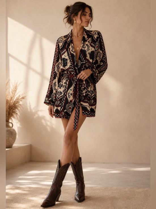 FARM Rio Dresses & Skirts - Farm Rio Passion Scarf Wrap Mini Dress v neck size XL kimono dress
